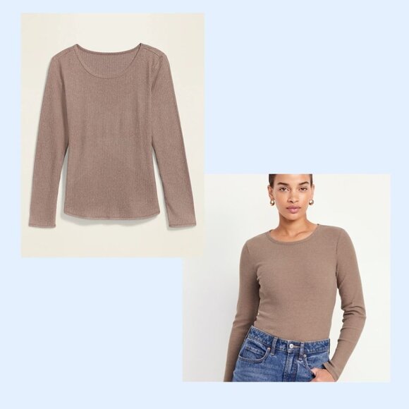 Old Navy Plush Rib-Knit Fitted Long Sleeve Tee, Mushroom Brown, Size L - Picture 5 of 5